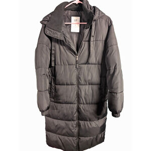 Gap Women's Hooded Black Long Puffer Coat ColdControl Max Sz M